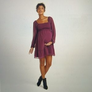 Long Sleeve Smocked Chiffon Mini Maternity Dress
